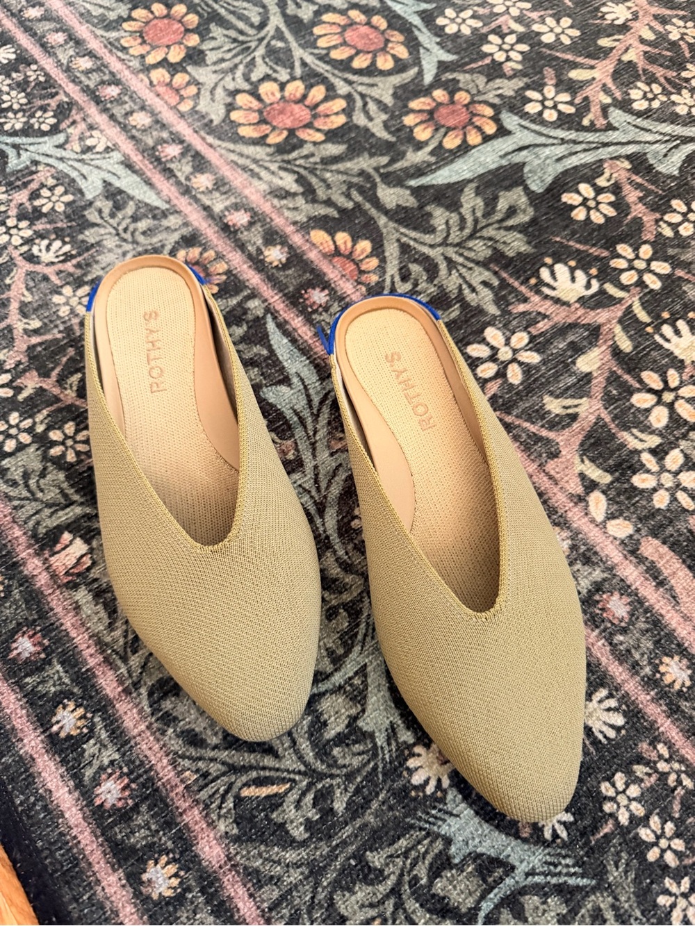 Rothy's Tan Knit Pointed- Toe Mules with Blue Heel Tab